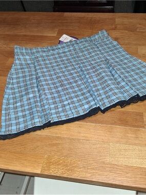 Blue Plaid Mini Skirt with Lace Trim